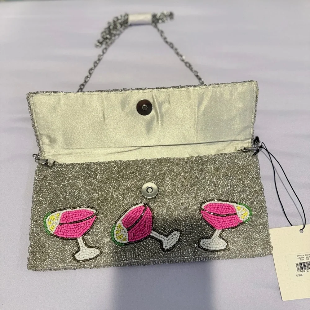 Rachel Zoe Silver Beaded Clutch with Pink Cocktail Motif w/ coin pouch